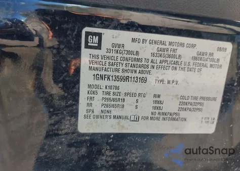 2009 Chevrolet Tahoe Hybrid from USA, damaged, VIN 1GNFK13599R113169